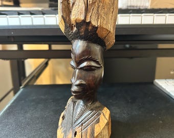 Vintage African Ebony Wood Head Carving – Handcrafted Tribal Bust Statue, 1960s Folk Art Decor