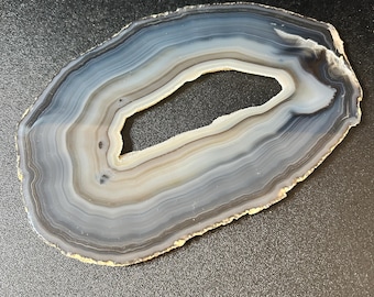 Polished Blue Gray Agate Slice, Natural Crystal Display Slab, 7.5 Inch Geode Coaster