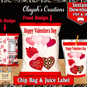 Happy Valentine&#39;s Day Chip Bag and juice Label Printable Party Favor
