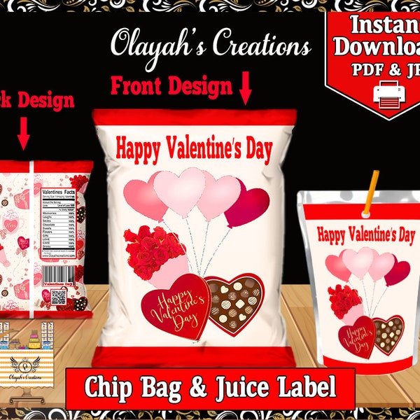 Happy Valentine's Day Chip Bag and juice Label Printable Party Favor