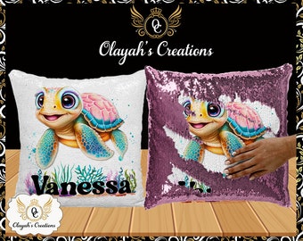 Personalized Under The Sea Girl Swimming Turtle One OF A Kind Flip Sequin Pillow Cover Gift