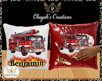 Fire Truck Personalized Flip Sequin Pillow Cover Gift