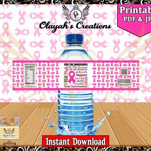 Positive Words Breast Cancer Awareness Printable Water Bottle Label Party Favor