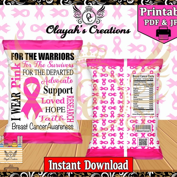 Positive Words Breast Cancer Awareness Printable Chip Bag Party Favor