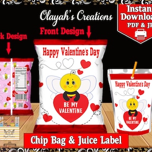 Be Mine Valentines Chip Bag and juice Label  Printable Party Favor