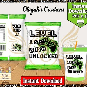 level 100 days unlocked Chip Bag and juice Label  Printable Party Favor