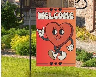 Valentine Retro Heart Welcome Garden Flag, Valentine's Day Garden Flag for Front Yard