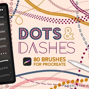 Puede incluir: Una ilustración digital de una pantalla de tableta que muestra 80 pinceles de Procreate para crear puntos y guiones. El texto "DOTS & DASHES" se muestra en letras grandes y en negrita con un esquema de color rosa y azul. El texto "80 BRUSHES FOR PROCREATE" se muestra debajo del título.