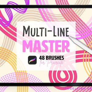 Puede incluir: Una ilustración digital de una pantalla de tableta que muestra un diseño gráfico para un conjunto de 48 pinceles de Procreate llamados "Multi-Line Master". El diseño presenta líneas y círculos rosas, amarillos y morados sobre un fondo crema.