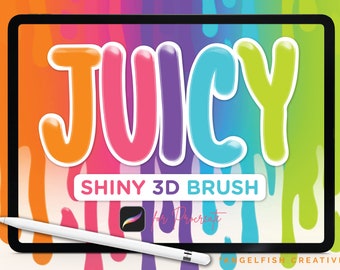 May include: A digital illustration of a tablet screen with the word "JUICY" in colorful 3D letters. The text "Shiny 3D Brush for Procreate" is below the word "JUICY". The background is a colorful abstract design.