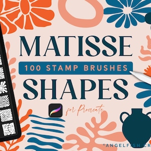 Op de afbeelding: Een digitale illustratie van 100 stempelborstels voor Procreate, met abstracte vormen in blauw, oranje en roze. De tekst "MATISSE 100 STAMP BRUSHES SHAPES for Procreate" wordt weergegeven op een roze achtergrond. De afbeelding toont ook een digitaal tablet waarop de borstels worden weergegeven.