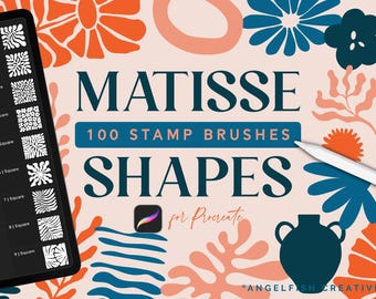 Puede incluir: Una ilustración digital de 100 pinceles de sello para Procreate, con formas abstractas en azul, naranja y rosa. El texto "MATISSE 100 STAMP BRUSHES SHAPES for Procreate" se muestra sobre un fondo rosa. La imagen también incluye una tableta digital que muestra los pinceles.