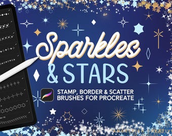 Puede incluir: Una pantalla de tableta digital que muestra un conjunto de pinceles Procreate para crear destellos y estrellas. Los pinceles se muestran en una variedad de estilos, que incluyen bordes, sellos y dispersiones. El texto "Sparkles & STARS" se muestra en una fuente grande y en negrita en la parte superior de la pantalla. El texto "STAMP, BORDER & SCATTER BRUSHES FOR PROCREATE" se muestra debajo del título.