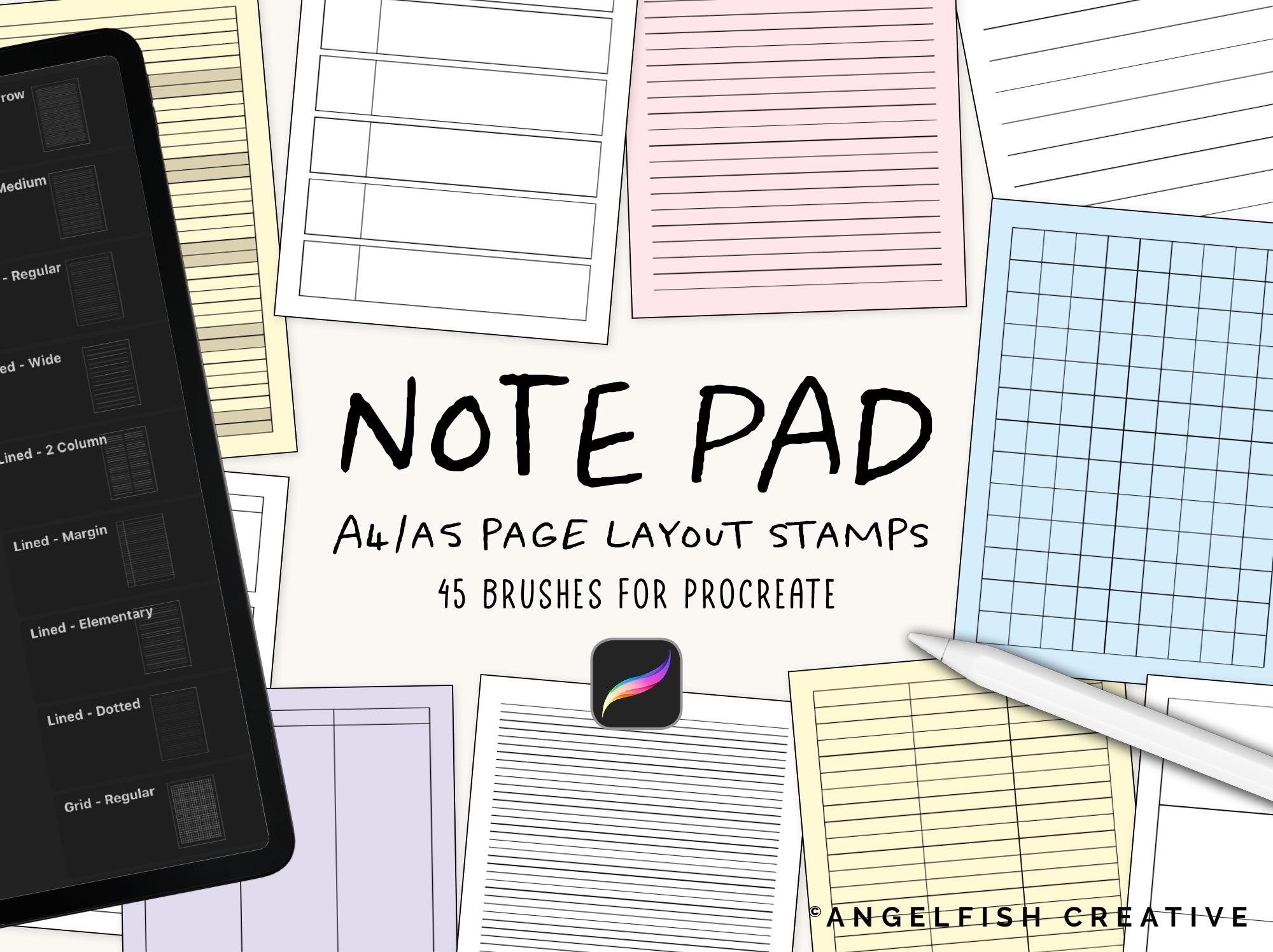 Note Pad Stamp Brushes for Procreate | A4 & A5 Writing Paper Layout Set for iPad