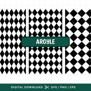 Puede incluir: Tres patrones digitales con un diseño argyle en blanco y negro. La palabra "ARGYLE" se muestra en una pancarta verde. La parte inferior de la imagen incluye el texto "DIGITAL DOWNLOAD SVG | PNG | EPS".