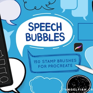 May include: A digital art graphic featuring speech bubble designs and the text "SPEECH BUBBLES" in a white bubble on a blue background. Includes a tablet displaying speech bubble outlines and the text "150 STAMP BRUSHES FOR PROCREATE".