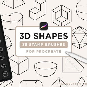 Może przedstawiać: Cyfrowe materiały artystyczne dla Procreate. Obraz przedstawia kształty 3D, takie jak kostki, kule i piramidy, jako pędzle stemplowe. Tekst brzmi "3D SHAPES 35 STAMP BRUSHES FOR PROCREATE". Widoczny jest również tablet i rysik.