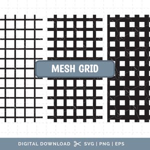 Peut inclure: Trois motifs de grille en maille noire et blanche sur fond blanc. Le texte "MESH GRID" est dans un rectangle bleu. Le bas de l'image contient le texte "DIGITAL DOWNLOAD SVG | PNG | EPS".