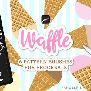 May include: Digital art graphic featuring waffle cone illustrations and the word "Waffle" in pink. The image also includes text that reads "6 Pattern Brushes for Procreate" and a tablet displaying design elements.