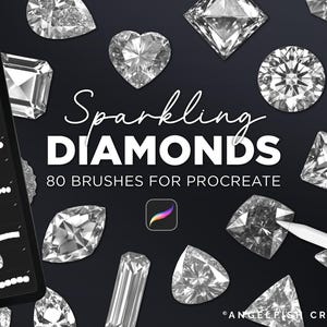 Könnte beinhalten: Grafik mit verschiedenen Diamantenformen und einem Tablet, das Pinseloptionen anzeigt. Der Text lautet "Sparkling Diamonds 80 Brushes for Procreate". Ein Stift zeigt auf einen Diamanten. Der Hintergrund ist schwarz.