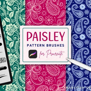 May include: Digital art supplies for Procreate. The image shows a tablet displaying paisley pattern brushes, with three paisley pattern backgrounds in teal, magenta, and blue. The text reads "PAISLEY PATTERN BRUSHES for Procreate."