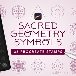 May include: Digital design with sacred geometry symbols in dark red on a pale pink backdrop. The words "SACRED GEOMETRY SYMBOLS" are displayed, along with "33 PROCREATE STAMPS". A tablet and stylus are also visible in the image.