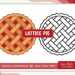 May include: A digital illustration of a lattice pie, featuring a golden-brown crust and a red filling, with a lattice design. Next to it is a black and white outline of the same pie. The text "LATTICE PIE" is in a red rectangle.