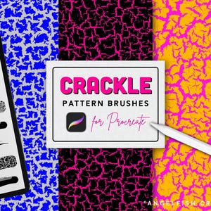 May include: A digital set of Crackle Pattern Brushes for Procreate featuring a menu list of brush strokes and three background textures in blue and silver, black and hot pink, and yellow and hot pink with a white stylus pen on the right.