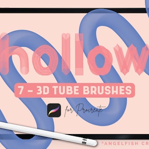 Puede incluir: Una ilustración digital de una pantalla de tableta con un fondo rosa y pinceles de tubo 3D azules. El texto "hollow" está escrito en rosa y el texto "7 - 3D TUBE BRUSHES" está escrito en blanco. El icono de la aplicación Procreate es visible en la esquina inferior izquierda de la pantalla. El texto "ANGELFISH CREATIVE" está escrito en blanco en la parte inferior de la pantalla.