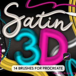 May include: A digital art graphic with the words "Satin 3D" in a 3D style, with the number 3 in teal and the letter D in pink. The image also includes the text "14 BRUSHES FOR PROCREATE" and a Procreate app logo.