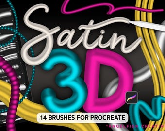 May include: A digital art graphic with the words "Satin 3D" in a 3D style, with the number 3 in teal and the letter D in pink. The image also includes the text "14 BRUSHES FOR PROCREATE" and a Procreate app logo.