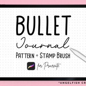 May include: A digital illustration of a white iPad screen with black text that reads "BULLET Journal PATTERN + STAMP BRUSH for Procreate" and a small icon of the Procreate app. The background is a light pink with a dotted pattern.