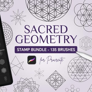 May include: Digital stamp bundle for Procreate featuring sacred geometry designs. Includes 135 brushes with various geometric shapes, such as the Flower of Life and Seed of Life, displayed on a tablet and around the text "SACRED GEOMETRY".