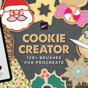 May include: A digital art product for Procreate is advertised, featuring cookie-themed brushes. The image displays various cookie shapes, a stylus, and the text "COOKIE CREATOR 120+ BRUSHES FOR PROCREATE."