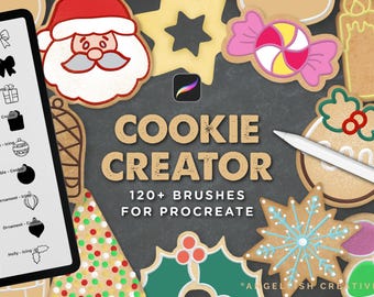 May include: An image showcasing a digital art product for Procreate, featuring cookie-themed brushes. The design includes various cookie shapes, a stylus, and the text "COOKIE CREATOR 120+ BRUSHES FOR PROCREATE."