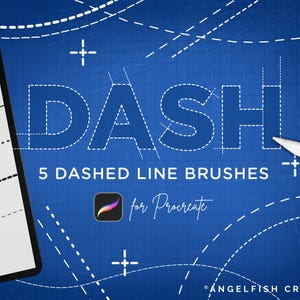 Könnte beinhalten: Blaues digitales Kunst-Grafik mit dem Wort "DASH" in einer gestrichelten Schriftart. Der Text "5 DASHED LINE BRUSHES for Procreate" steht darunter. Ein Tablet und ein Stift befinden sich links und rechts im Bild.