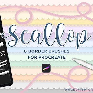 Könnte beinhalten: Digitale Kunstpinsel für Procreate. Das Bild zeigt ein Tablet, das verschiedene Stile von Muschelbordürenpinseln anzeigt, darunter solide, Schleifen, Perlen, Ringe, Umrisse und Schatten. Der Titel lautet "Scallop" mit dem Text "6 Border Brushes für Procreate".