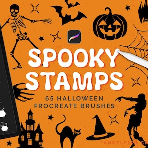 May include: An orange graphic with Halloween illustrations and the text "SPOOKY STAMPS". Features a skeleton, pumpkin, bat, and spiderweb. The text reads "65 Halloween Procreate Brushes". Includes a digital tablet with icons.