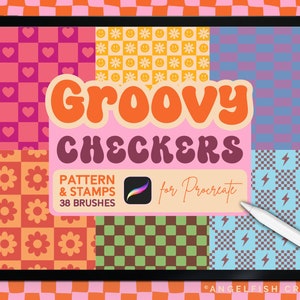 May include: A digital illustration of a tablet screen displaying a set of 38 groovy checker patterns and stamps for Procreate. The patterns feature a variety of colors and designs, including hearts, flowers, lightning bolts, and smiley faces.