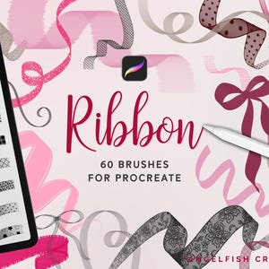 May include: A digital set of 60 ribbon brushes for Procreate, displayed on a tablet screen with a stylus. The background features various pink and dark red ribbon illustrations, including polka dot, plaid, leopard, heart, and star patterns.