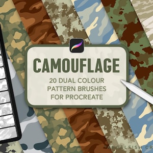 May include: A digital display showing a list of 20 dual colour camouflage pattern brushes for Procreate. The background features various camouflage designs in shades of green, brown, blue, and tan, with a white stylus resting on the right side.