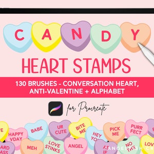 Candy Heart Stamp Brushes para Procreate | 130 Stamps, Conversation Heart, Anti-Valentine, Alphabet | Conjunto de pincéis para arte digital no iPad