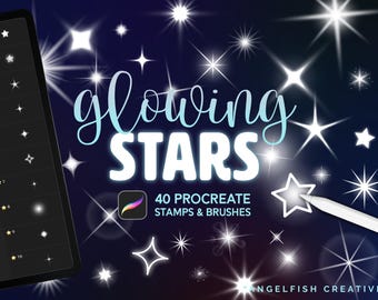 Puede incluir: Diseño de arte digital con las palabras "Glowing Stars" en escritura azul claro y letras blancas. La imagen incluye varios diseños de estrellas y el texto "40 Sellos y Pinceles Procreate."
