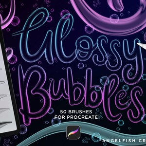 Glossy Bubbles penselset för Procreate: 50 penslar, 3D transparent text (digital nedladdning)