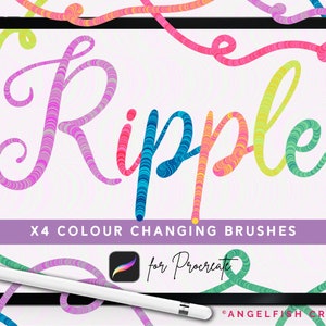 May include: A digital illustration of the word "Ripple" written in a colorful, swirling font. The text is on a white background and is surrounded by colorful, swirling lines. The text is on a tablet screen with a stylus next to it. The text "X4 Colour Changing Brushes for Procreate" is below the word "Ripple". The text "AngelFish Creative" is at the bottom of the image.
