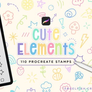 Puede incluir: Una tableta digital que muestra una lista de sellos de estrellas y destellos en negro, junto a un lápiz óptico blanco. La pantalla presenta el texto CUTE ELEMENTS 110 PROCREATE STAMPS, rodeado de iconos pastel coloridos como flores y nubes.