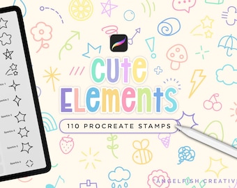 Conjunto de Pincéis Cute Elements para Procreate | 110 Pincéis Kawaii para Carimbos (Download Digital)