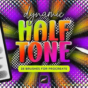 May include: Digital art brushes for Procreate. The image features the words "dynamic HALF TONE" in a gradient color scheme, with a checkerboard pattern. A tablet with brush samples and a stylus are also visible.