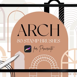 Puede incluir: Una ilustración digital de una pantalla de iPad que muestra un conjunto de 80 pinceles de sello en forma de arco para Procreate. La imagen presenta un fondo marrón con un arco blanco y el texto "ARCH 80 STAMP BRUSHES for Procreate".