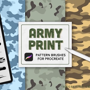 May include: A digital display showing a list of army print pattern brushes for Procreate, with a white stylus resting on a background featuring blue, green, and tan camouflage patterns. The text reads ARMY PRINT PATTERN BRUSHES FOR PROCREATE.